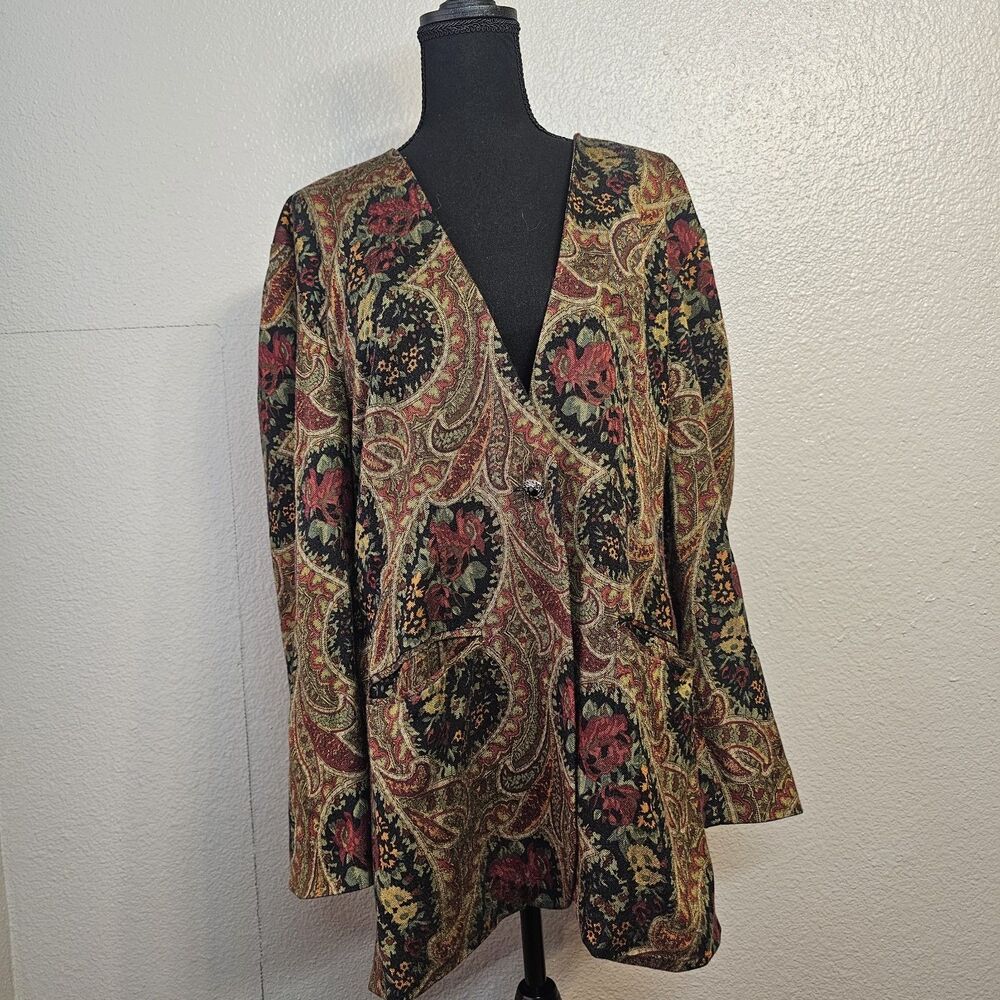Point & Line Paisley Tapestry Jacket Blazer Sz XL Earthy Colors Boho Y2K Y117